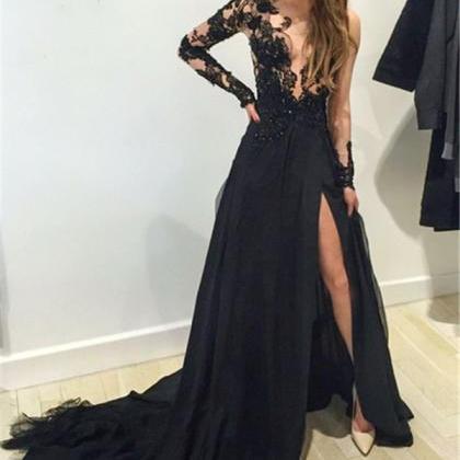Black Long Sleeves Prom Dresses 2016 Lace Deep V..