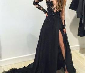 Black Long Sleeves Prom Dresses 2016 Lace Deep V Neck Thigh-High Slit ...