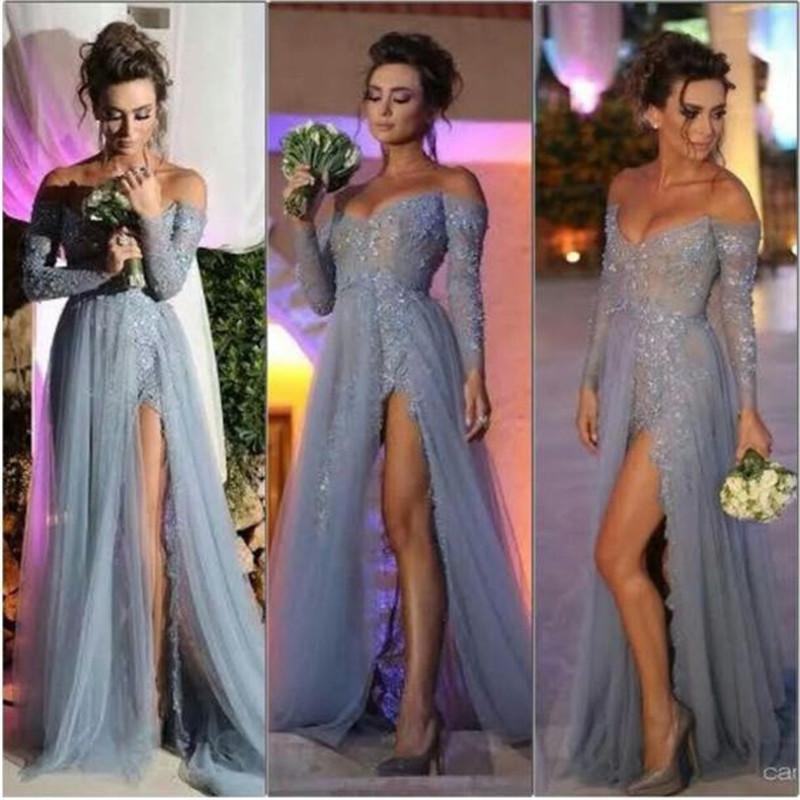 2015 Fashion Long Sleeves Dresses Party Evening A Line Off Shoulder High Slit Vintage Lace Grey Prom Dresses Long Tulle Formal Gowns