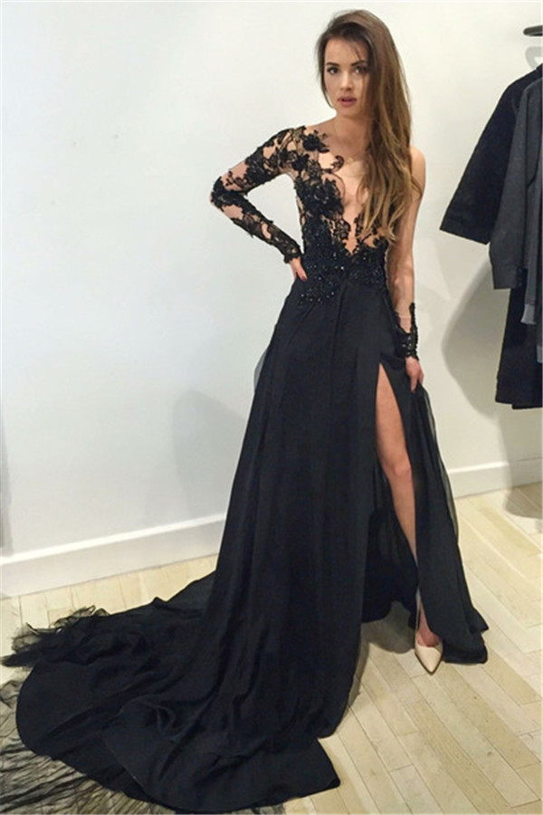 Black Long Sleeves Prom Dresses 2016 Lace Deep V Neck Thigh-high Slit Sexy Evening Gowns