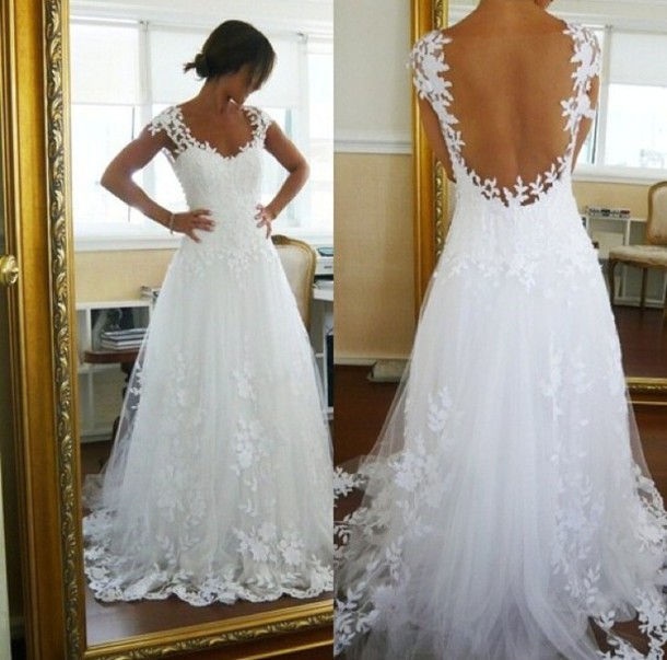Floral Lace Appliques Plunge V Shoulder Straps Floor Length Tulle Wedding Gown Featuring Illusion Open Back