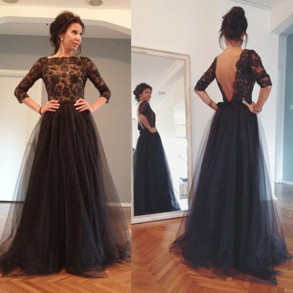 Sexy Arrival Black Prom Dress With Appliques A Line Tulle Evening Dress,Beaded Long Sleeve Formal Party Dress,Evening Party Gown