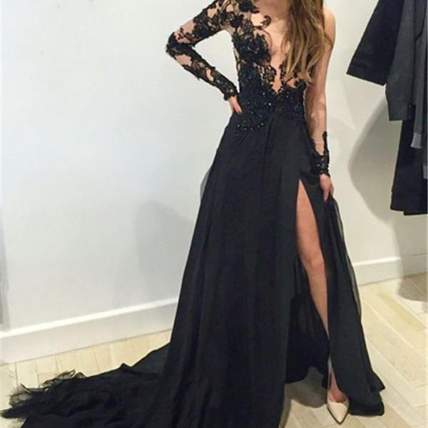 Black Long Sleeves Prom Dresses 2016 Lace Deep V Neck Thigh-high Slit ...