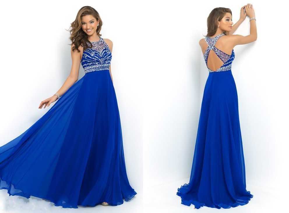 A-Line Halter Royal Blue Long Prom Dresses With Beading,RBPD0037