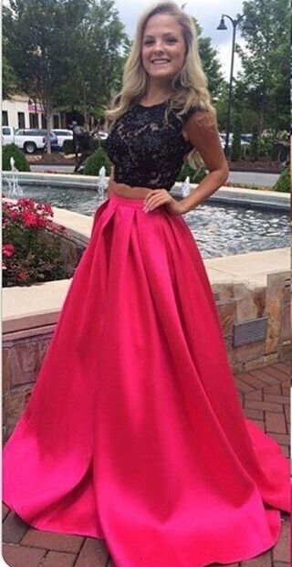 2016 Two-Piece Prom Dresses Capped Sleeves Lace Top Hollow Back Black ...