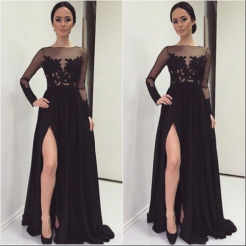 Sexy Sleeve Long Prom Dress Black Chiffon Lace Formal Dresses on Luulla