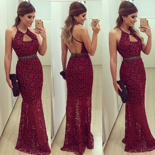 Sexy Halter Sheath Lace Backless Long Dark Red Prom Dresses,Evening ...